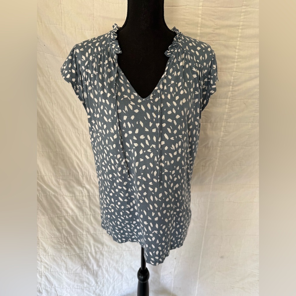 LOFT Slate Blue Printed Tie-Neck Cap Sleeve Blouse